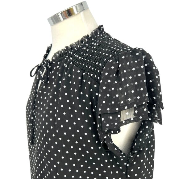 CeCe Black White Polka Dot Blouse Flutter Sleeve Size Medium - Picture 5 of 11